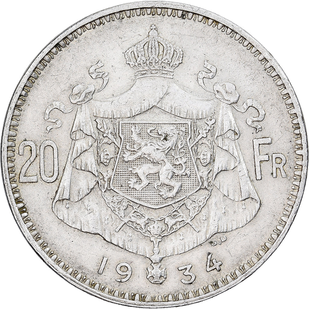 Belgien, Albert I, 20 Francs, 20 Frank, 1934, Brussels, Silber, SS, KM:104.1