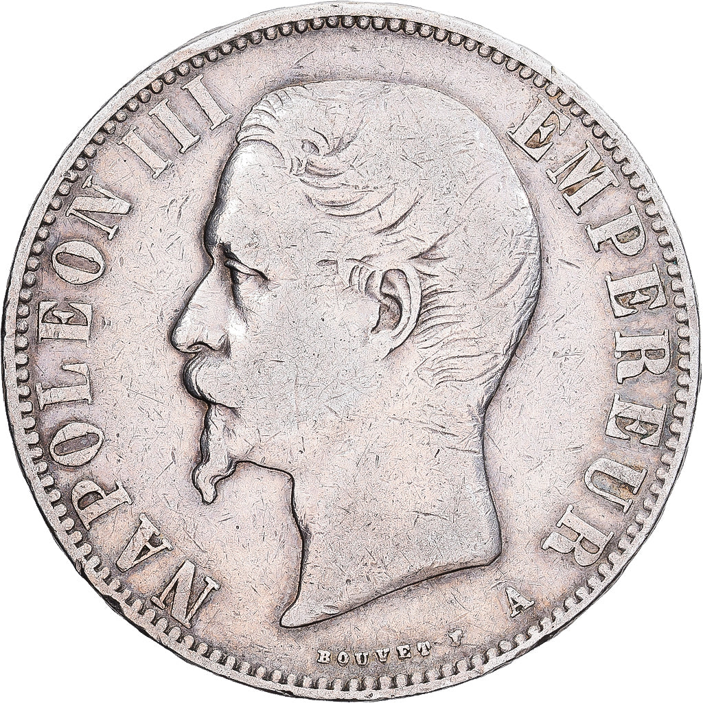 France, Napoleon III, 5 Francs, 1855, Paris, main ancre, Silver, VF(30-35)