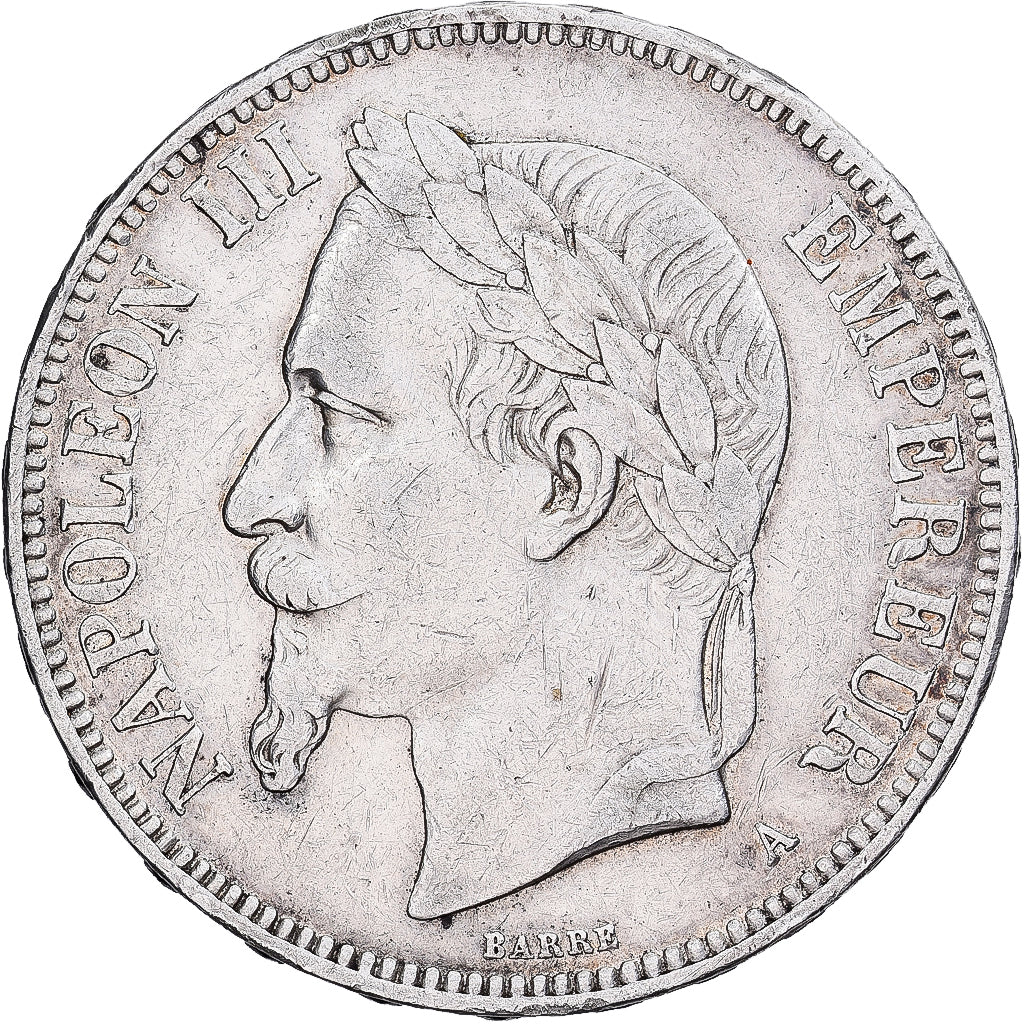 França, Napoleon III, 5 Francs, 1870, Paris, Prata, AU(50-53), Gadoury:739