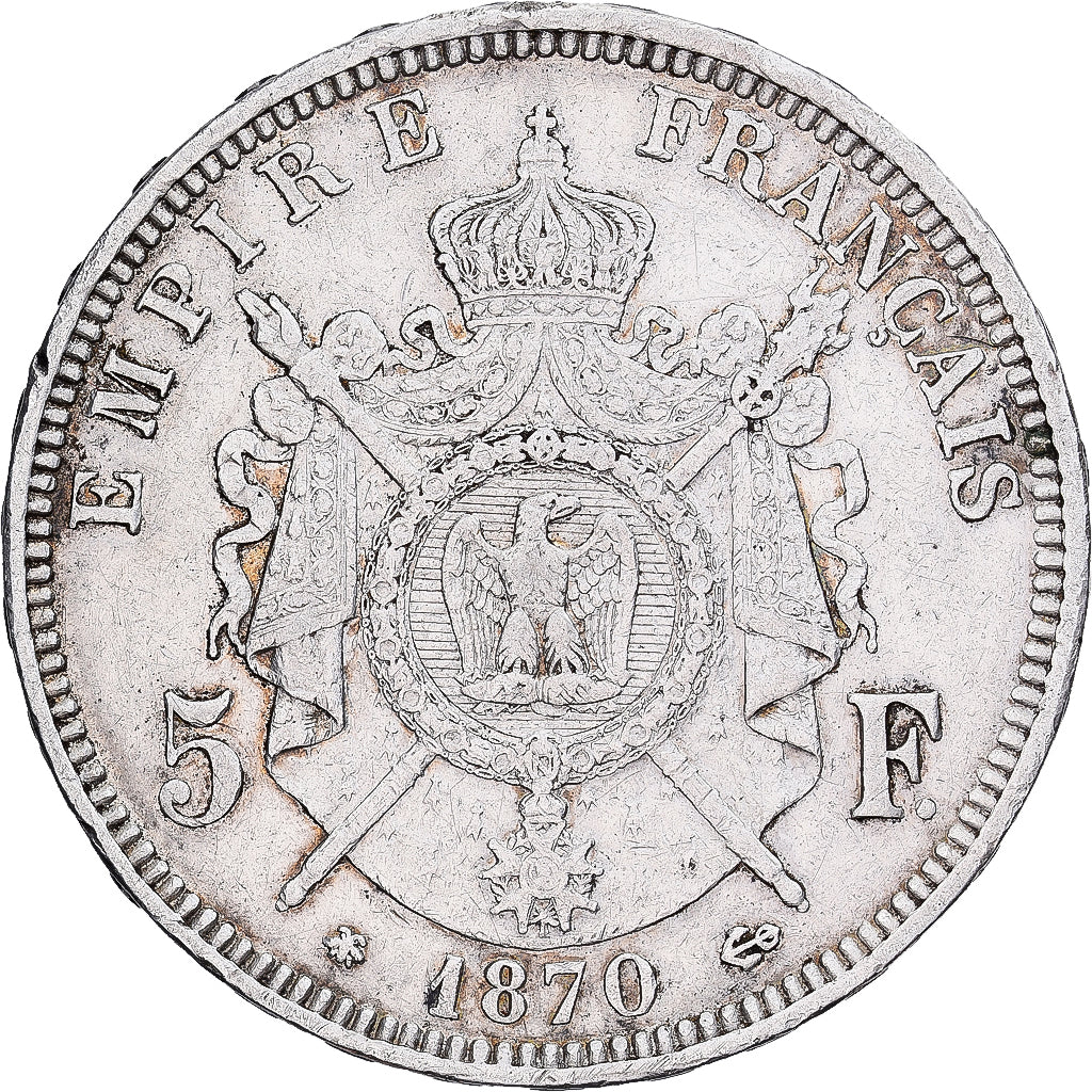 França, Napoleon III, 5 Francs, 1870, Paris, Prata, AU(50-53), Gadoury:739