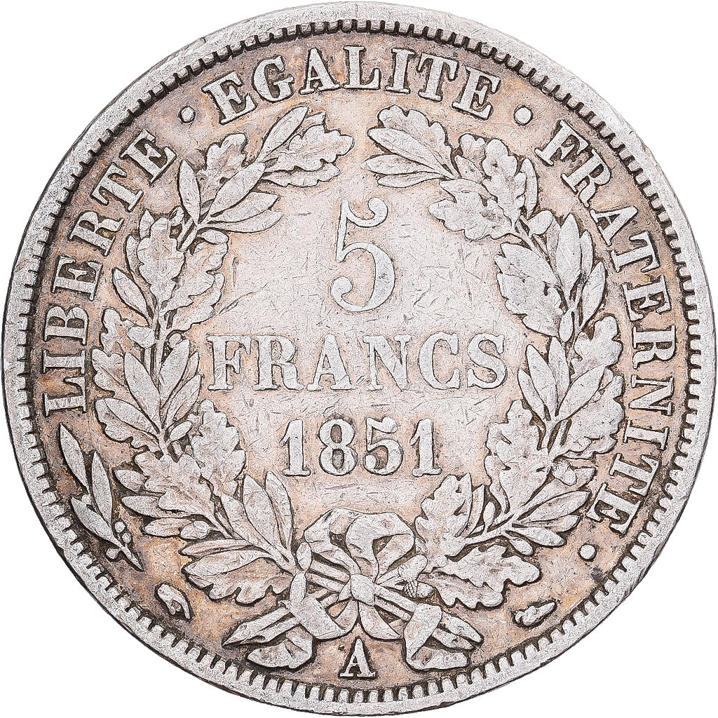 Francia, 5 Francs, Cérès, 1851, Paris, Plata, BC+, Gadoury:719, KM:761.1