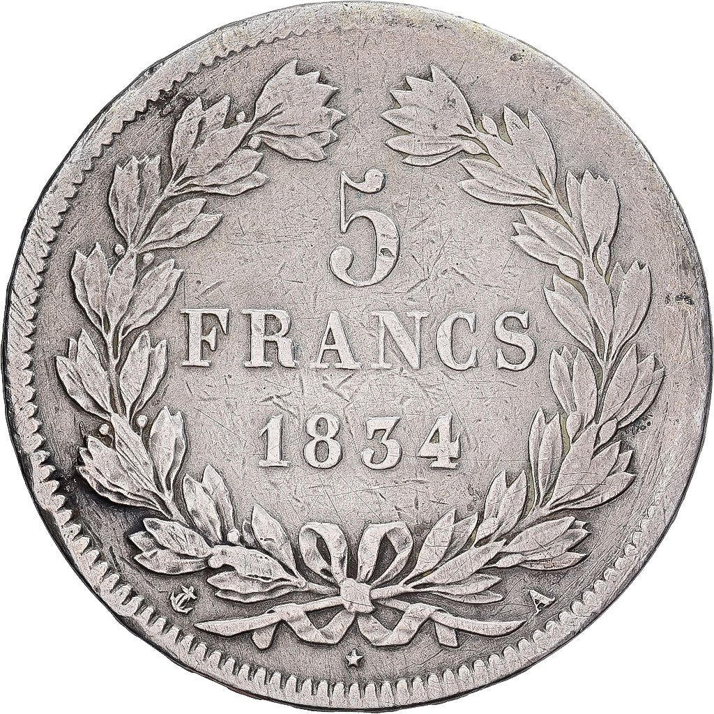 Frankreich, Louis Philippe I, 5 Francs, 1834, Paris, Silber, S+, Gadoury:678