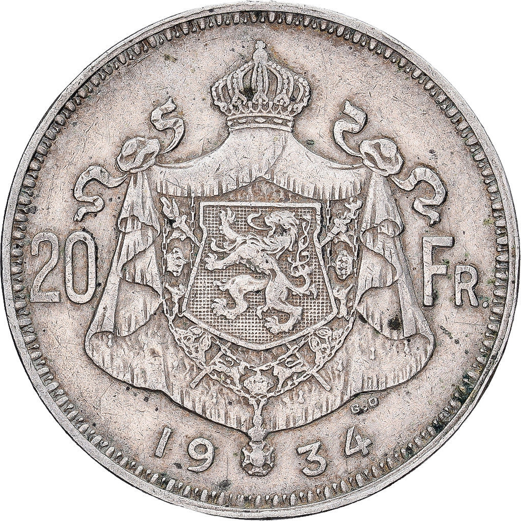 Belgia, Albert I, 20 Francs, 20 Frank, 1934, Brussels, Tranche B, Srebro