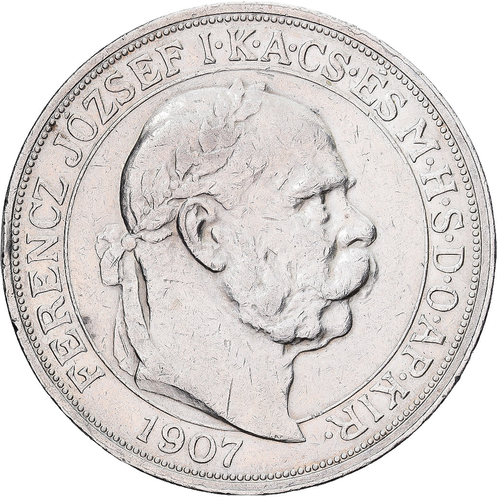 Ungheria, Franz Joseph I, 5 Korona, 1907, Kormoczbanya, Argento, BB+, KM:489