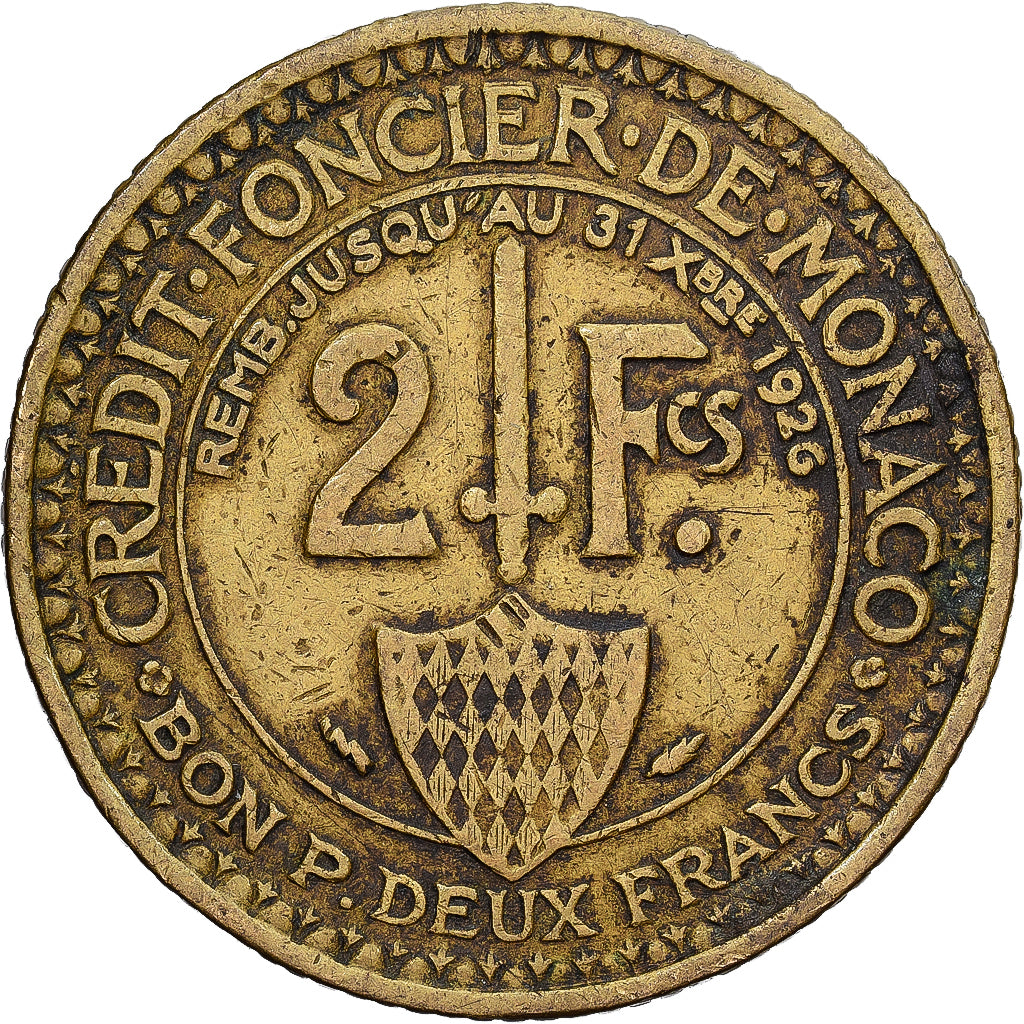 Monaco, Louis II, 2 Francs, 1924, Poissy, Aluminium-Brąz, EF(40-45)