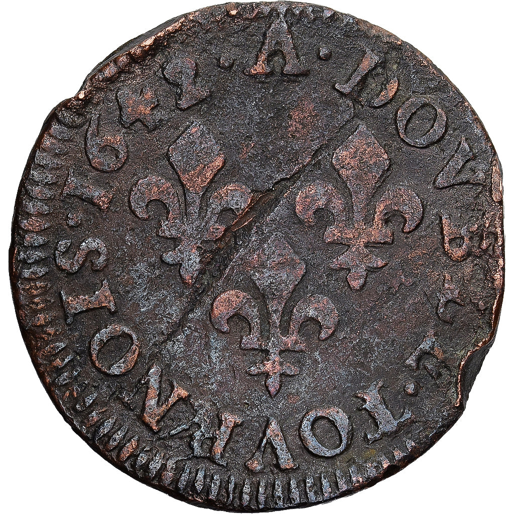 France, Louis XIII, Double tournois de Warin, 1642, Paris, Cuivre, TB