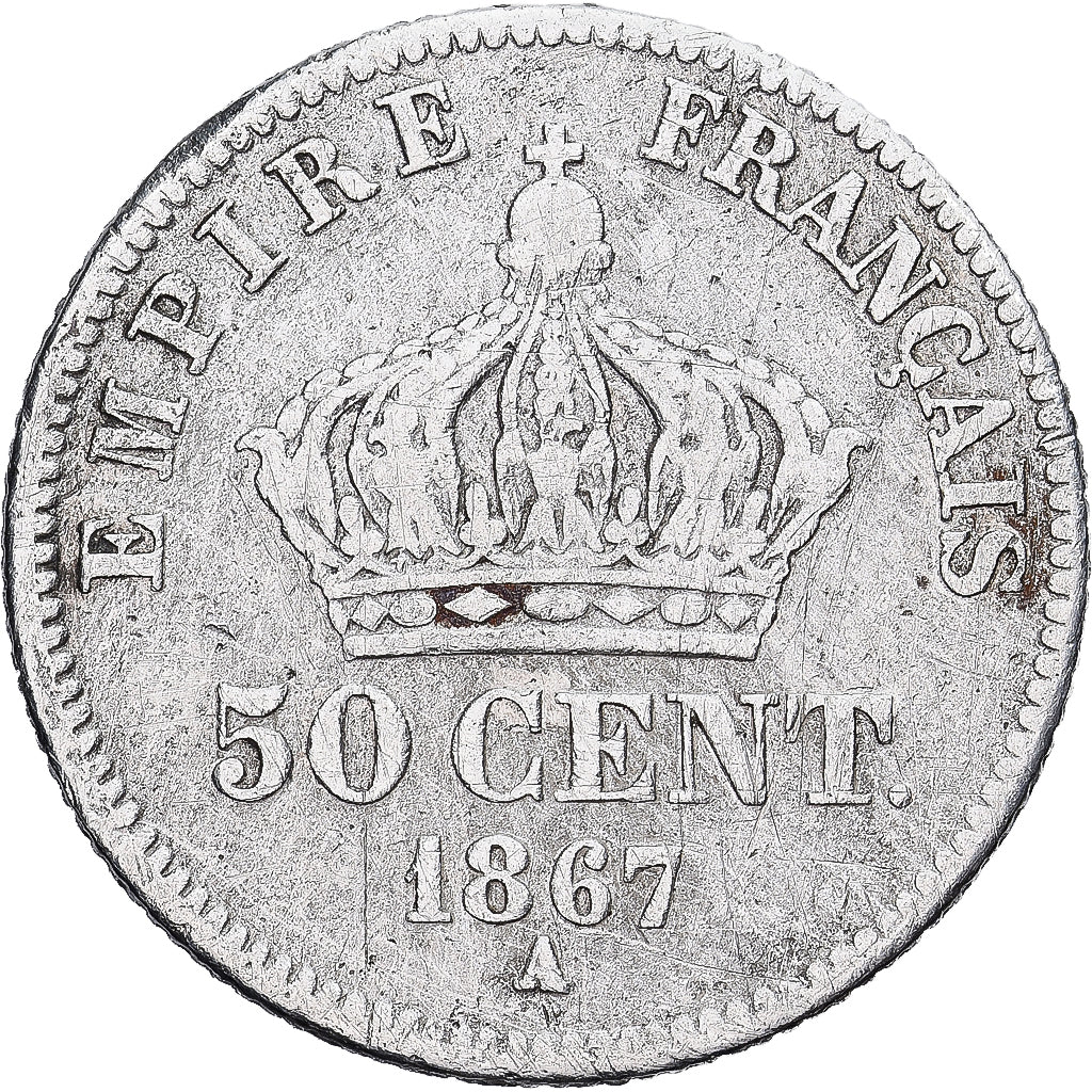 France, Napoléon III, 50 Centimes, 1867, Paris, Argent, B+, Gadoury:417