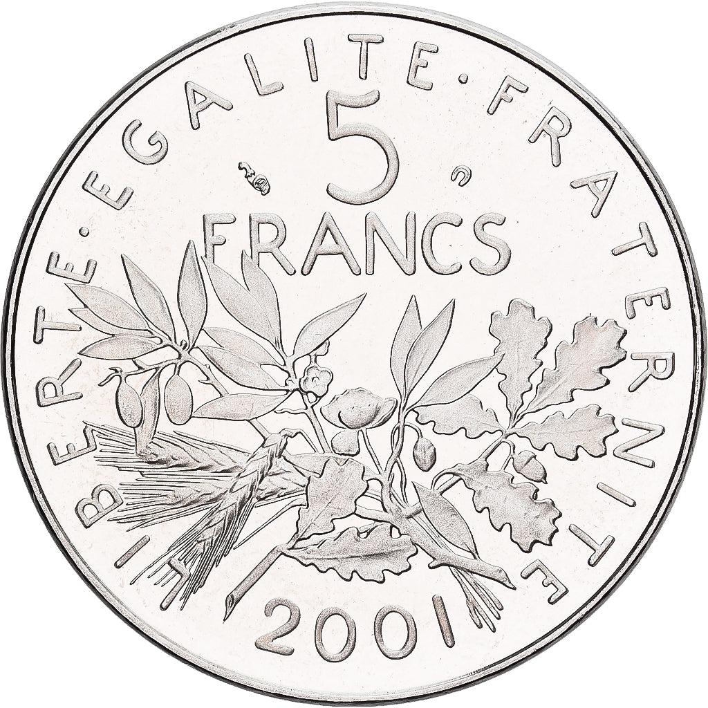 Francja, 5 Francs, Semeuse, 2001, Paris, BE, Miedzionikiel, MS(65-70)