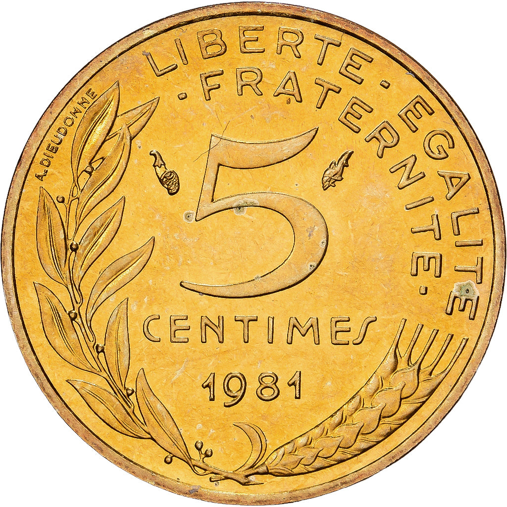 France, 5 Centimes, Marianne, 1981, Paris, Aluminum-Bronze, MS(65-70)