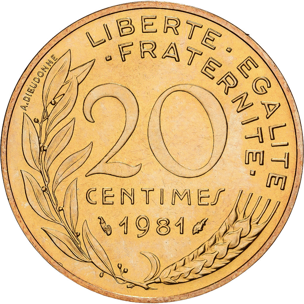 France, 20 Centimes, Marianne, 1981, Paris, Aluminum-Bronze, MS(65-70)