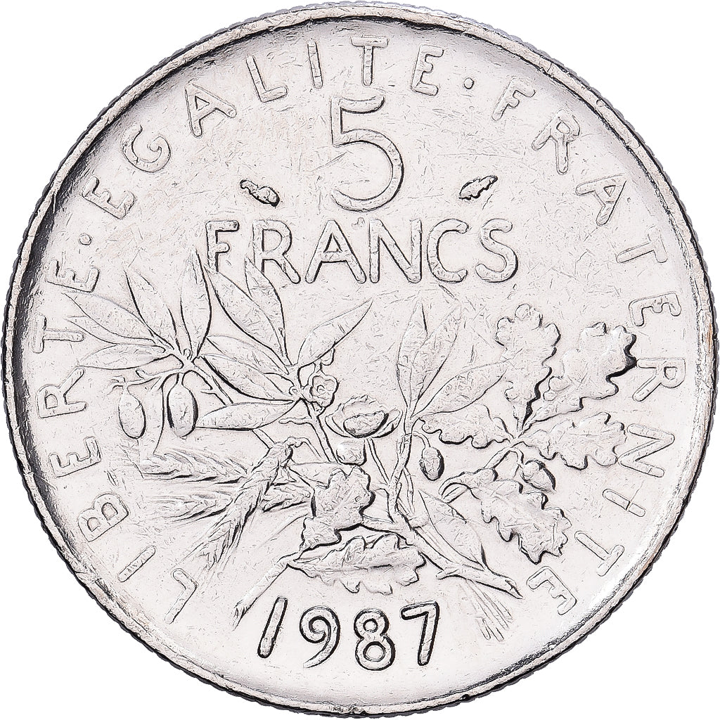 France, 5 Francs, Semeuse, 1987, Paris, Nickel Clad Copper-Nickel, MS(60-62)