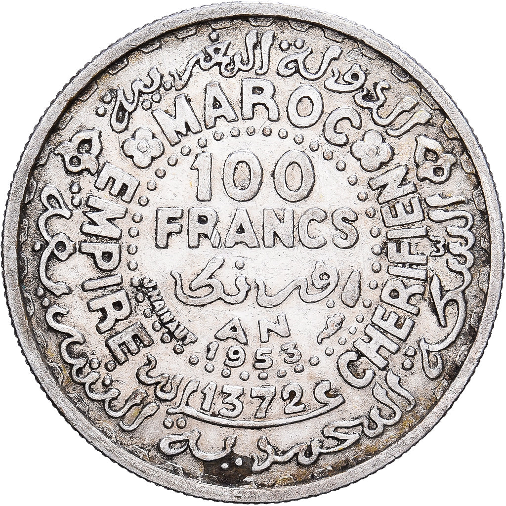 Morocco, Mohammed V, 100 Francs, AH 1372/1953, Paris, Silver, EF(40-45)