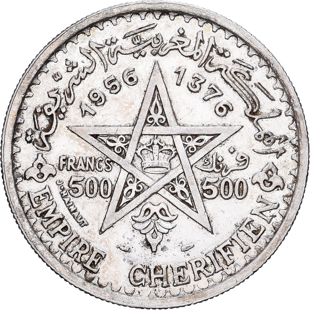 Morocco, Mohammed V, 500 Francs, AH 1376 (1956), Paris, Silver, AU(50-53)