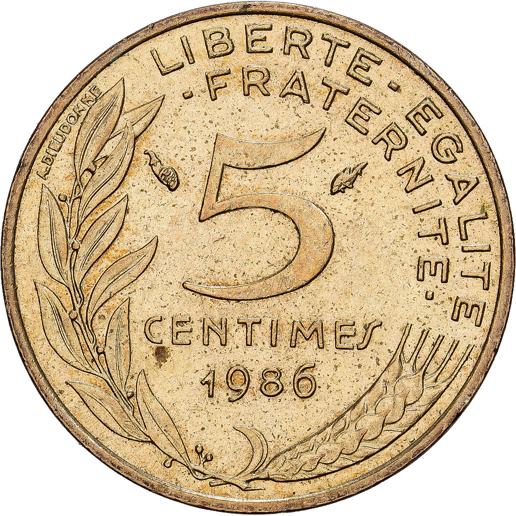France, 5 Centimes, Marianne, 1986, Paris, Aluminum-Bronze, AU(50-53)