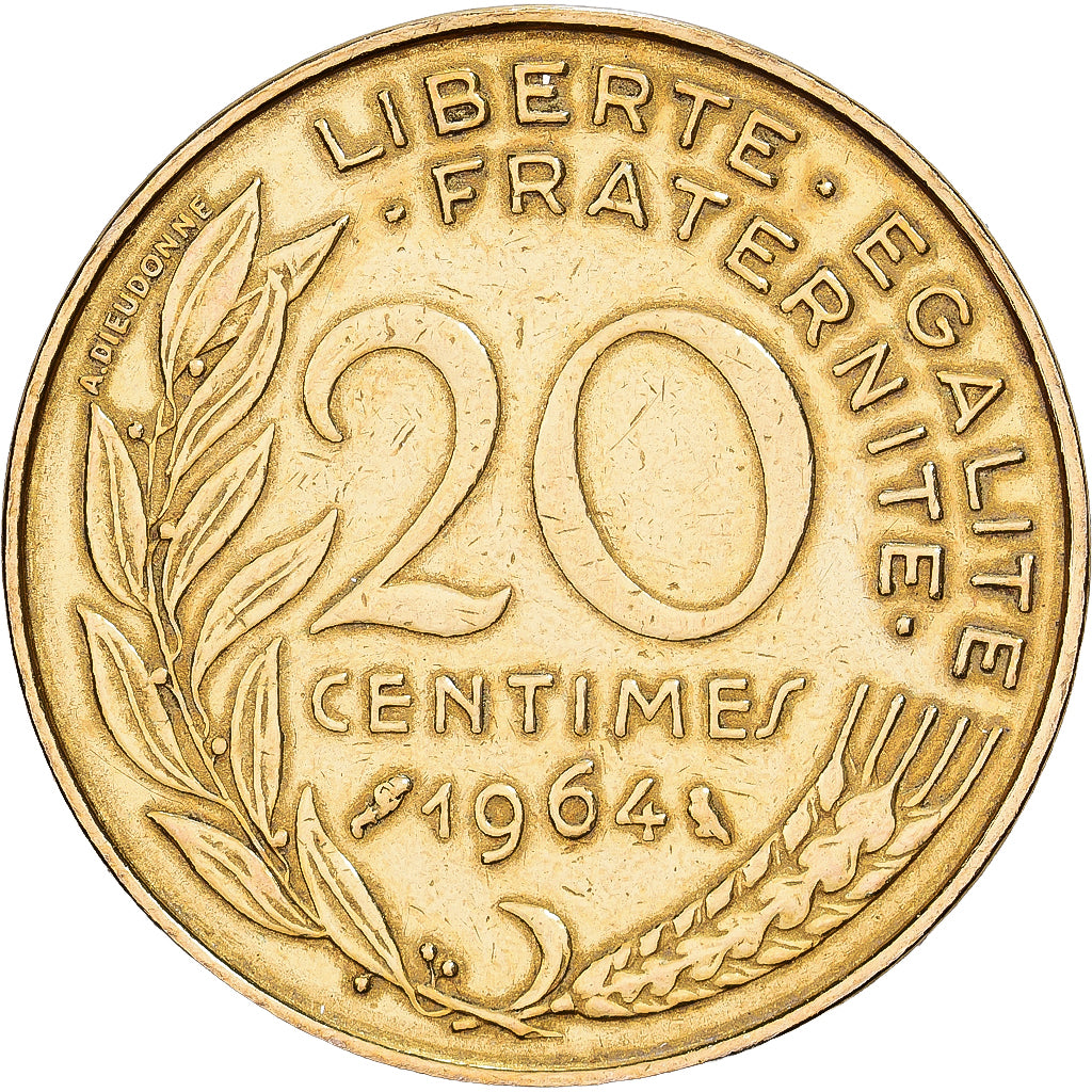France, 20 Centimes, Marianne, 1964, Paris, Aluminum-Bronze, AU(50-53)