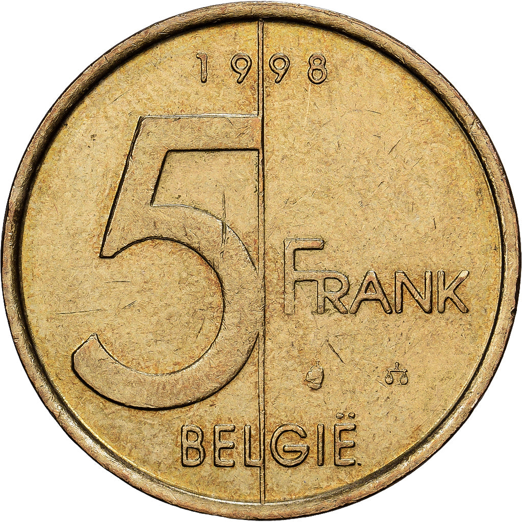 Bélgica, Albert II, 5 Francs, 5 Frank, 1998, Brussels, Aluminio - bronce, MBC