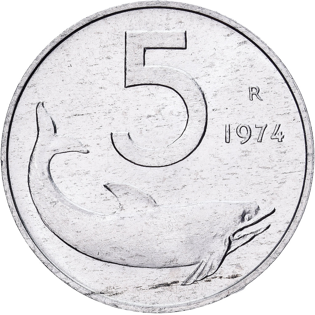 Italië, 5 Lire, 1974, Rome, Aluminium, PR+, KM:92