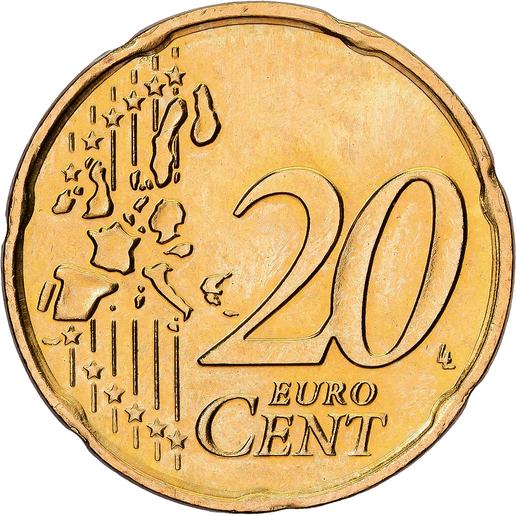 Países Bajos, Beatrix, 20 Euro Cent, 2002, Utrecht, Latón, EBC+, KM:238