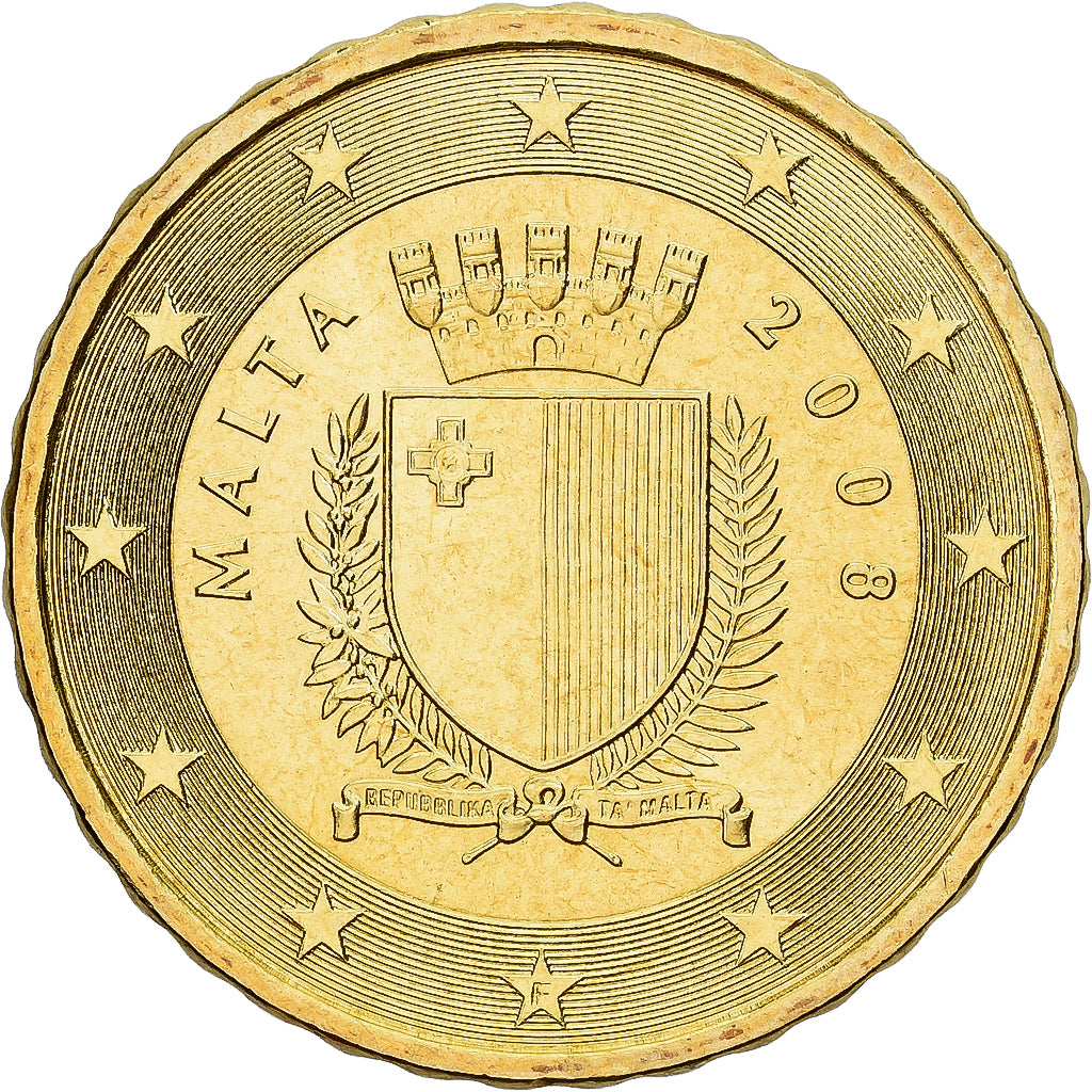 Malta, 10 Euro Cent, 2008, Paris, Latón, EBC+, KM:128