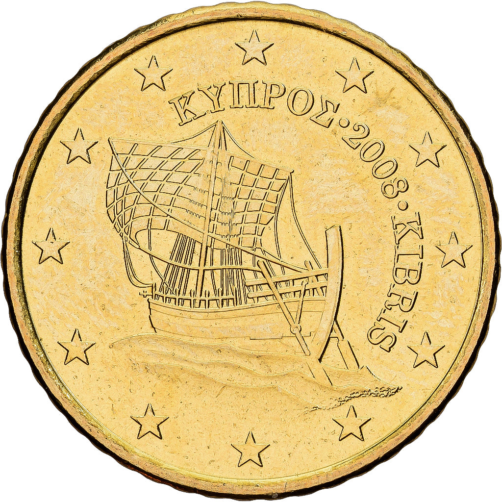 Chipre, 50 Euro Cent, 2008, Latão, MS(60-62), KM:83