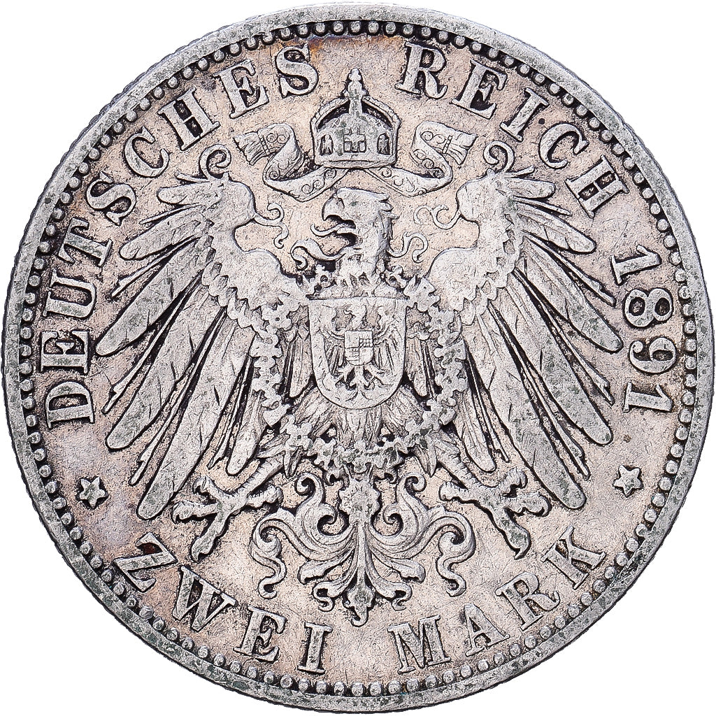 German States, PRUSSIA, Wilhelm II, 2 Mark, 1891, Berlin, Silver, EF(40-45)