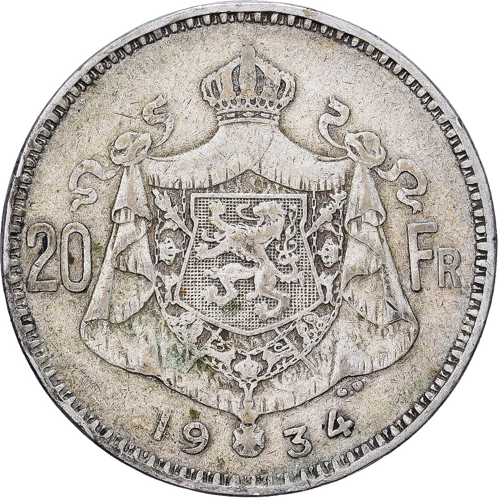 Belgio, Albert I, 20 Francs, 20 Frank, 1934, Brussels, Tranche A, Argento, BB