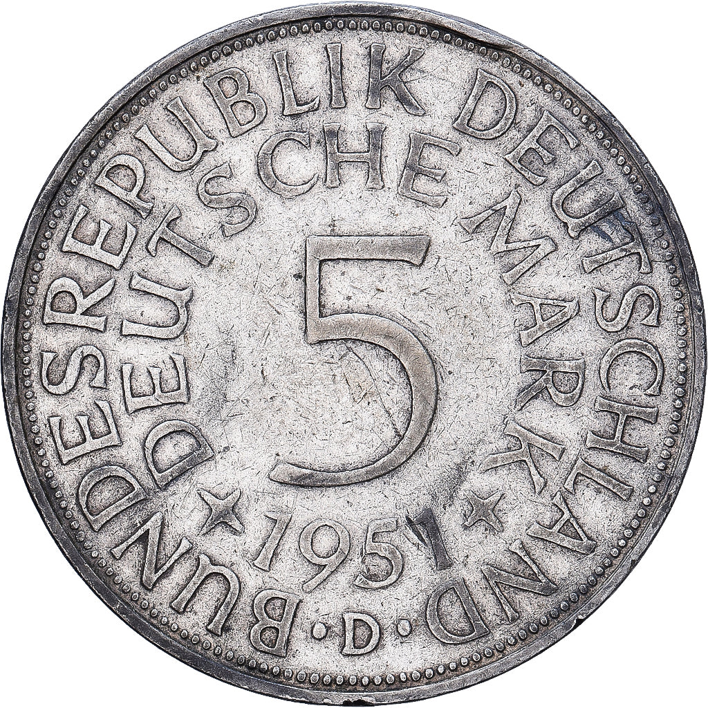 République fédérale d'Allemagne, 5 Mark, 1951, Munich, Argent, TTB+, KM:112.1