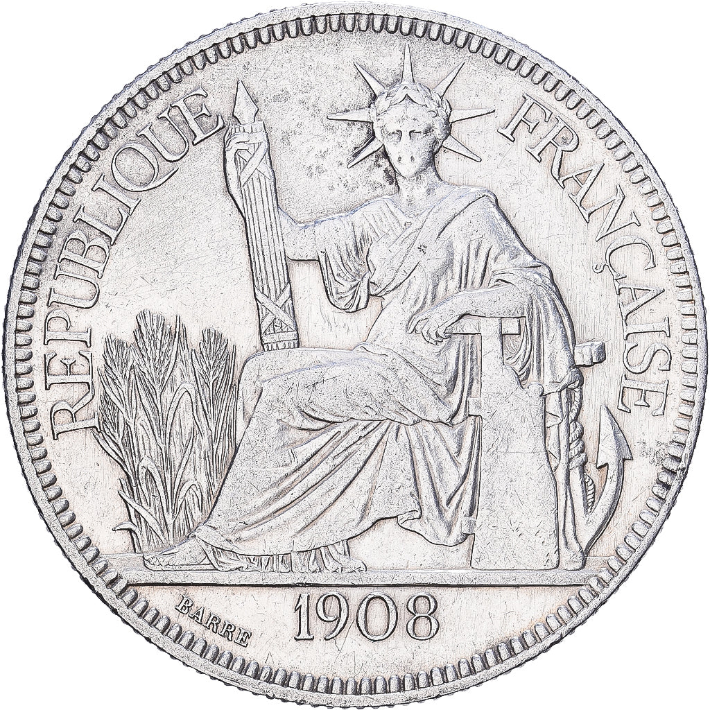 French Indochina, Piastre, 1908, Paris, Silver, AU(55-58), Lecompte:291, KM:5a.1