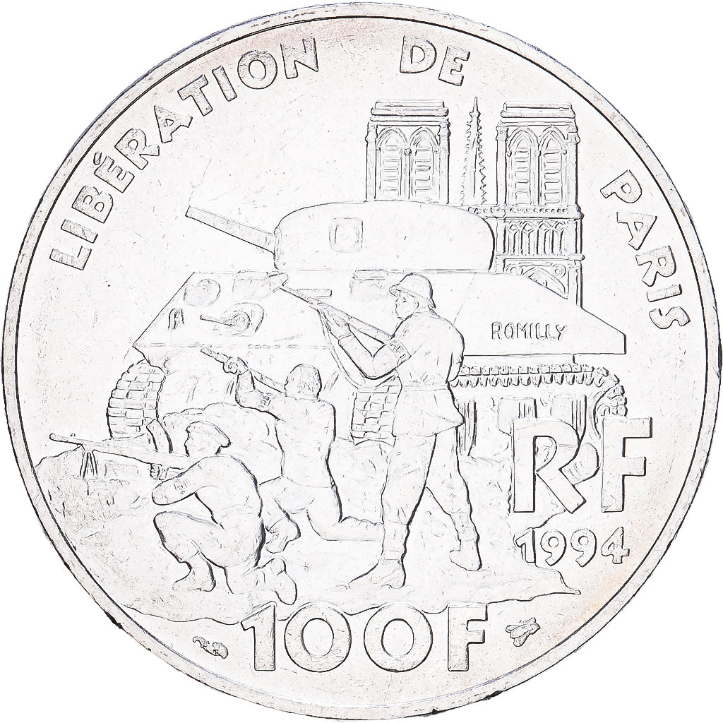 Francja, 100 Francs, Libération de Paris, 1994, Paris, Srebro, AU(55-58)