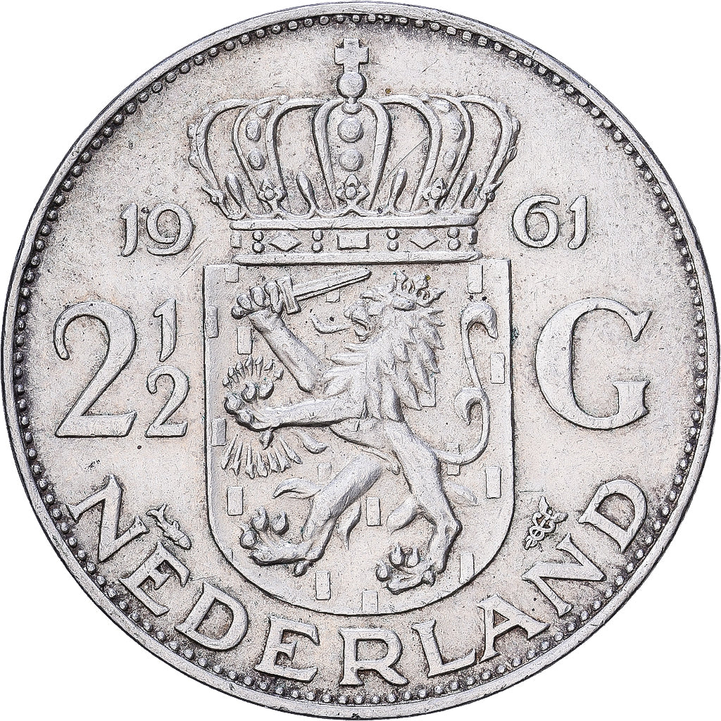 Países Bajos, Juliana, 2-1/2 Gulden, 1961, Plata, MBC+, KM:185