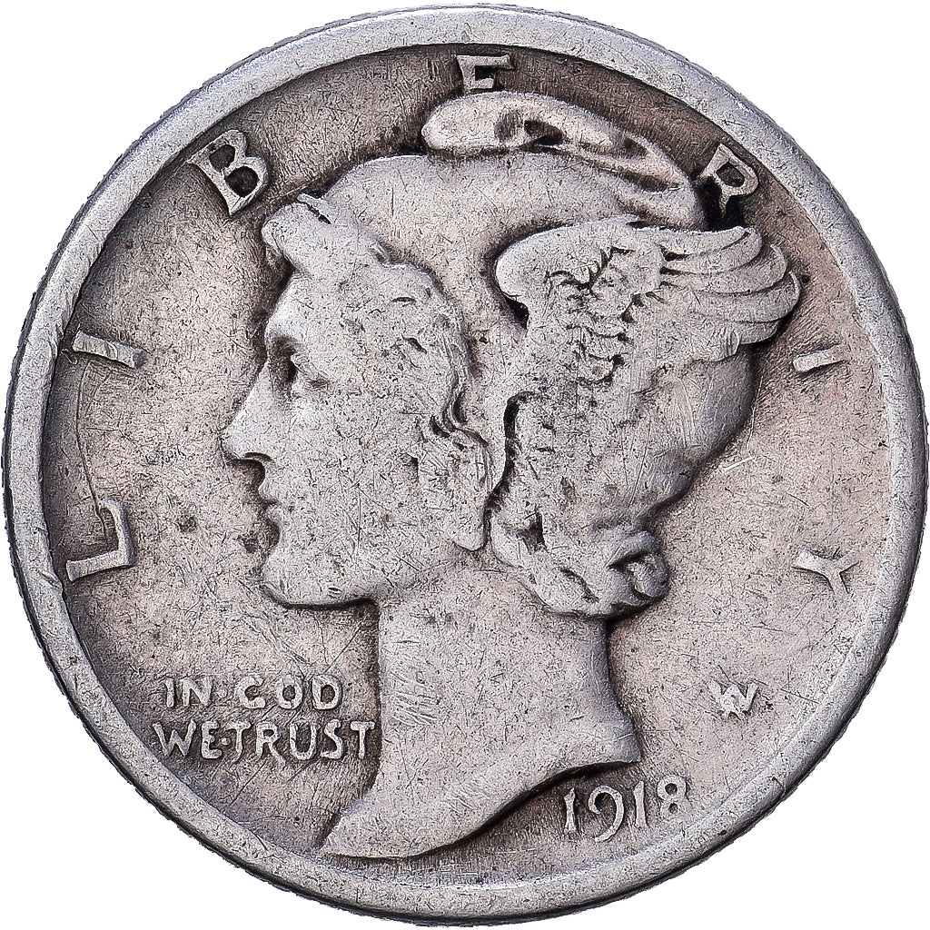 United States, Dime, Mercury, 1918, U.S. Mint, Silver, VF(30-35), KM:140
