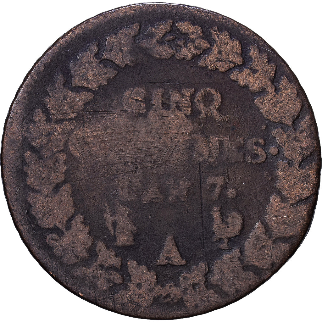 Francia, 5 Centimes, Dupré, AN 7, Paris, Bronce, BC, Gadoury:126, KM:640.1