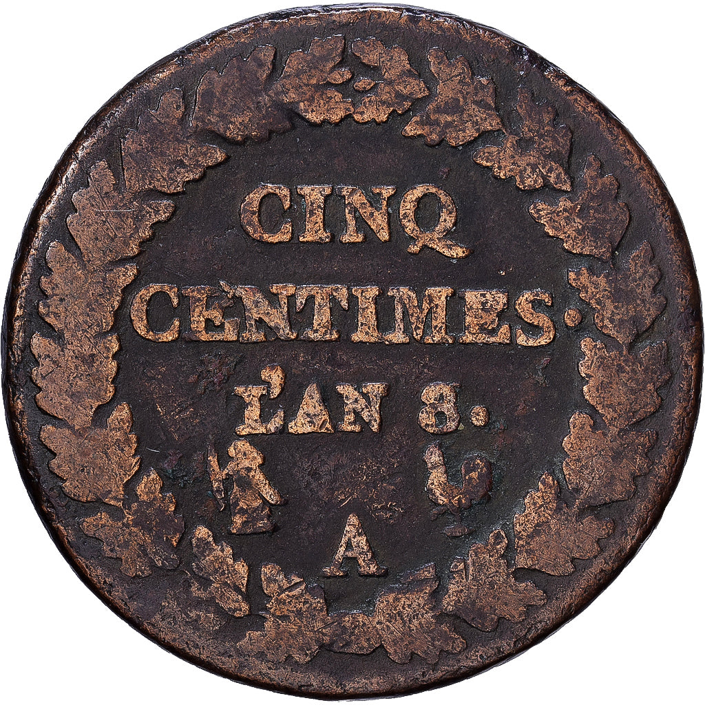 France, 5 Centimes, Dupré, AN 8, Paris, Bronze, F(12-15), Gadoury:126a
