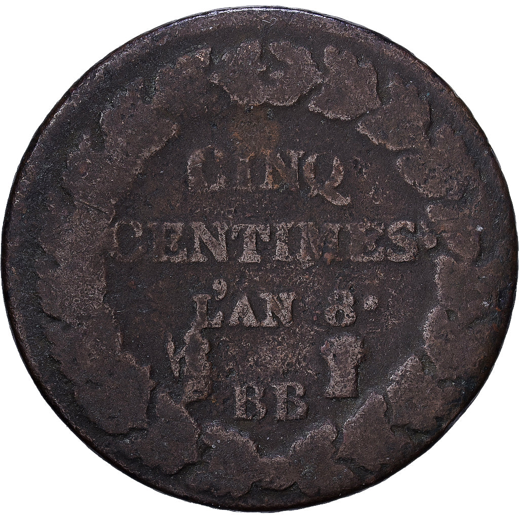 France, 5 Centimes, Dupré, AN 8, Strasbourg, Bronze, VF(20-25), Gadoury:126a