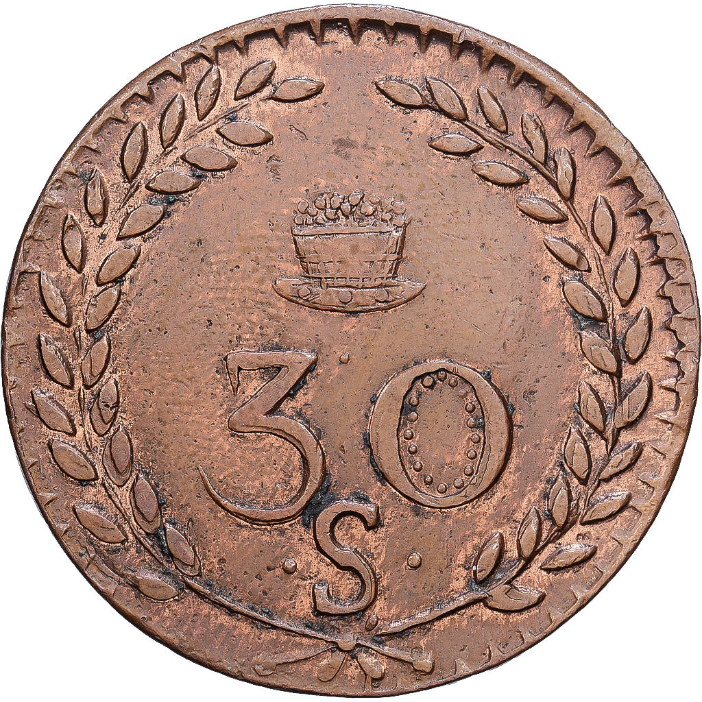 Francia, Louis XVIII, 30 Sous, Mines d'Aniche, 1820, Cobre, EBC, Mazard:779