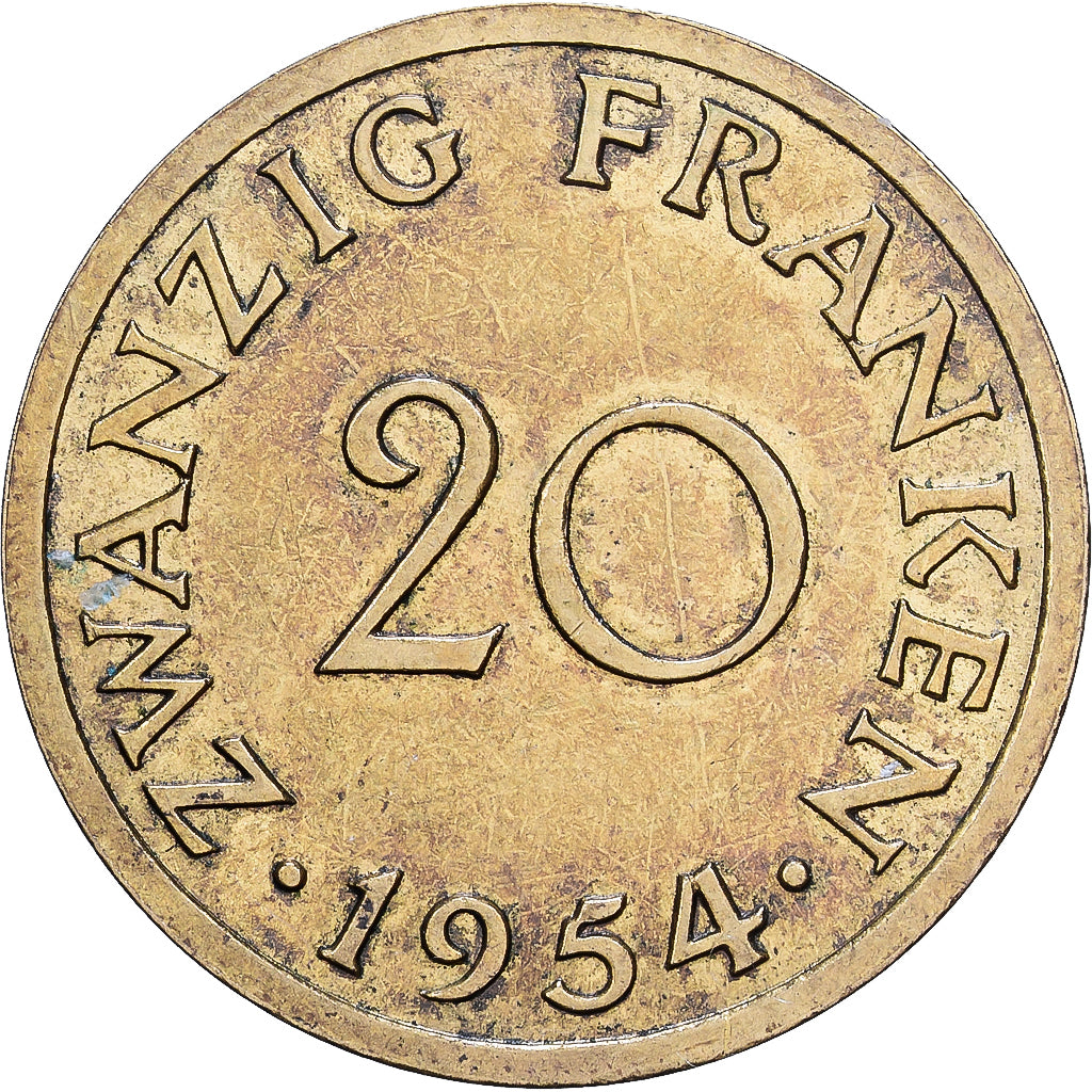 Sarre, 20 Franken, 1954, Paris, Bronze-Aluminium, SUP, Gadoury:2, KM:2