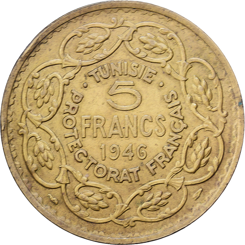 Tunisia, Muhammad al-Amin Bey, 5 Francs, AH 1366/1946, Paris, Alluminio-bronzo