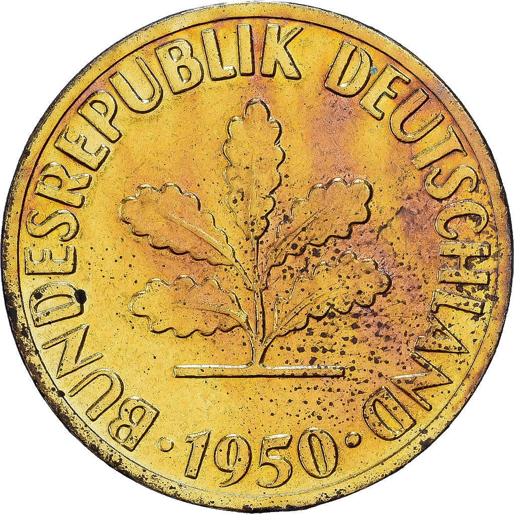 Federal Republic of Germany, 5 Pfennig, 1950, Karlsruhe, Brass Clad Steel