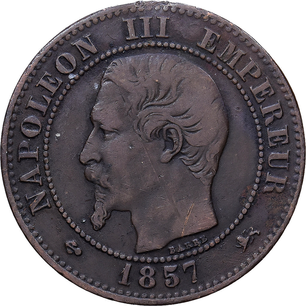 Francia, Napoleon III, 2 Centimes, 1857, Lyon, Bronce, BC+, Gadoury:103