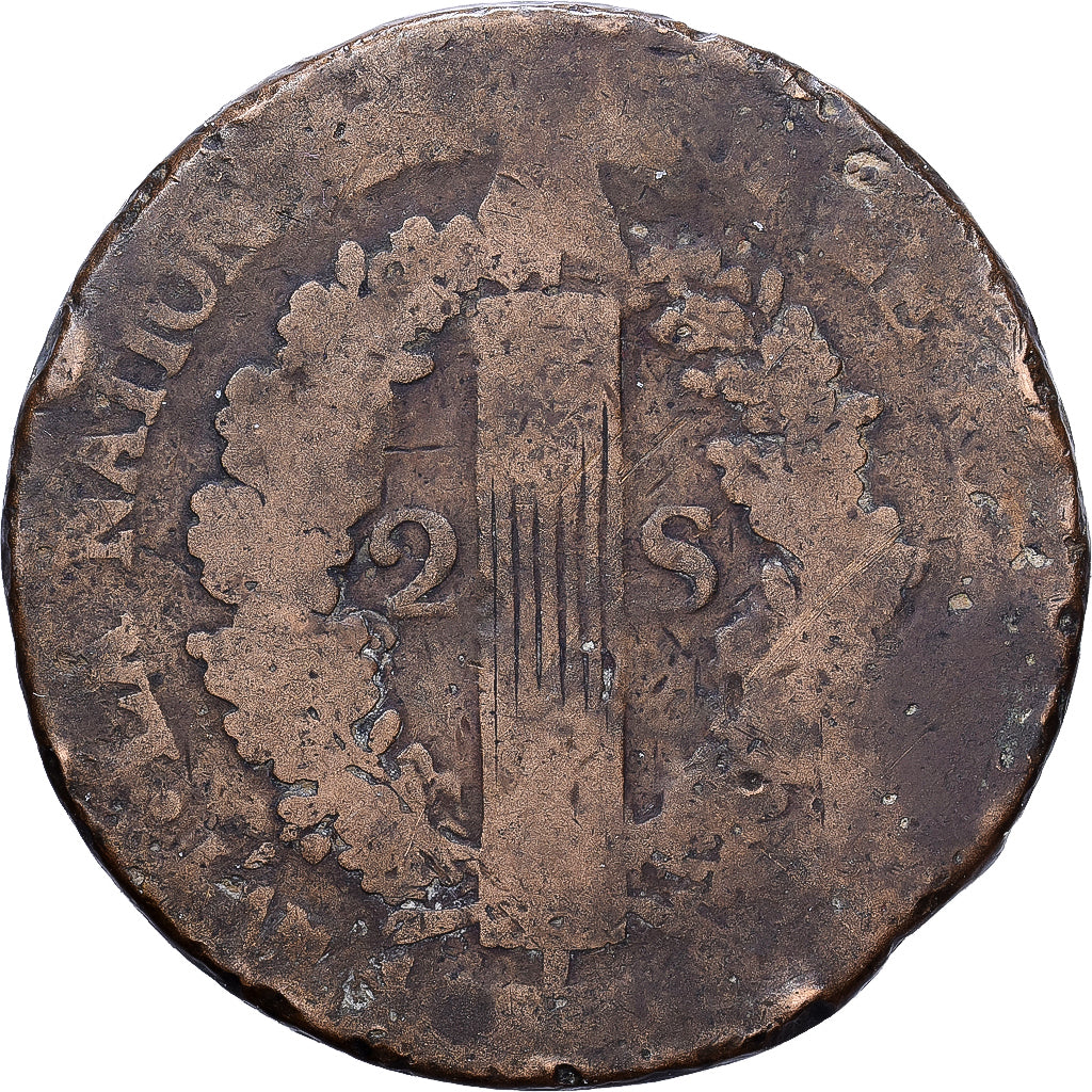 Frankreich, Louis XVI, 2 sols français, 1792, Strasbourg, Bronze, SGE