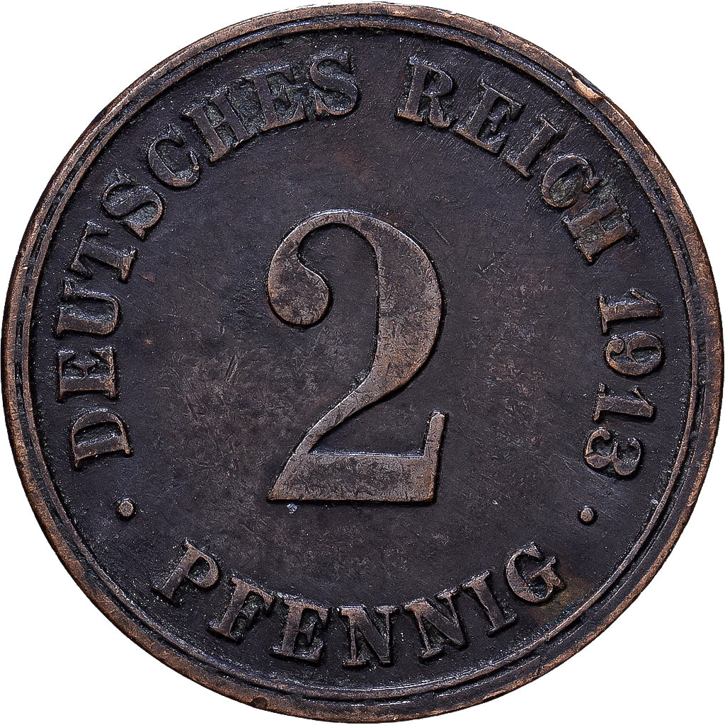 GERMANIA - IMPERO, Wilhelm II, 2 Pfennig, 1913, Munich, Rame, BB, KM:16