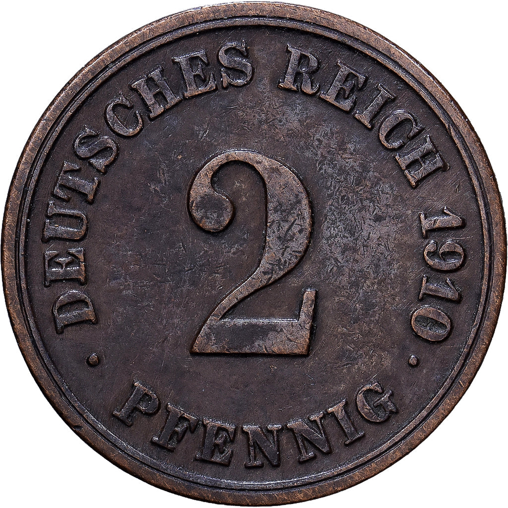 GERMANIA - IMPERO, Wilhelm II, 2 Pfennig, 1910, Stuttgart, Rame, BB, KM:16