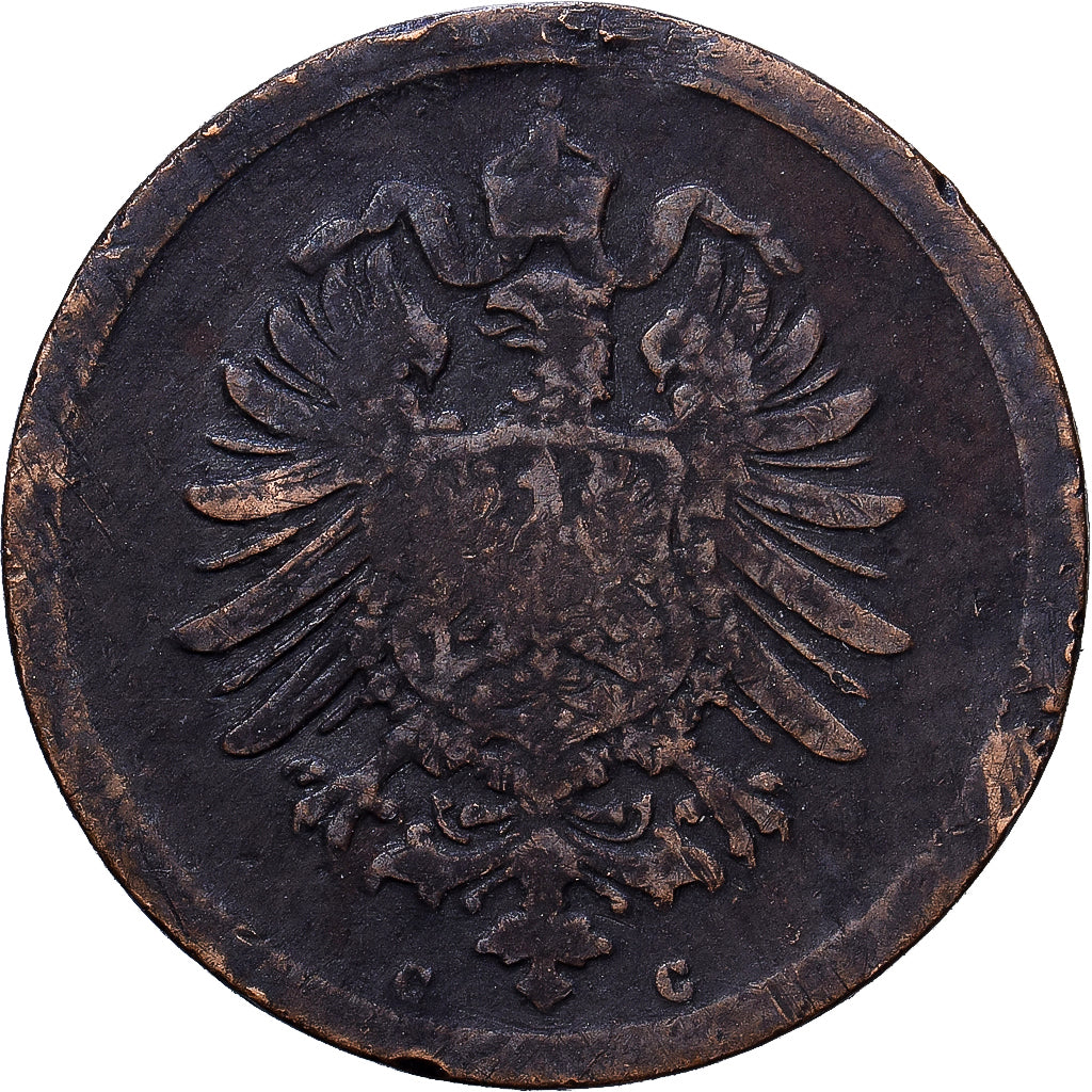 German Empire, Wilhelm I, Pfennig, 1875, Frankfurt, Kupfer, S+, KM:1