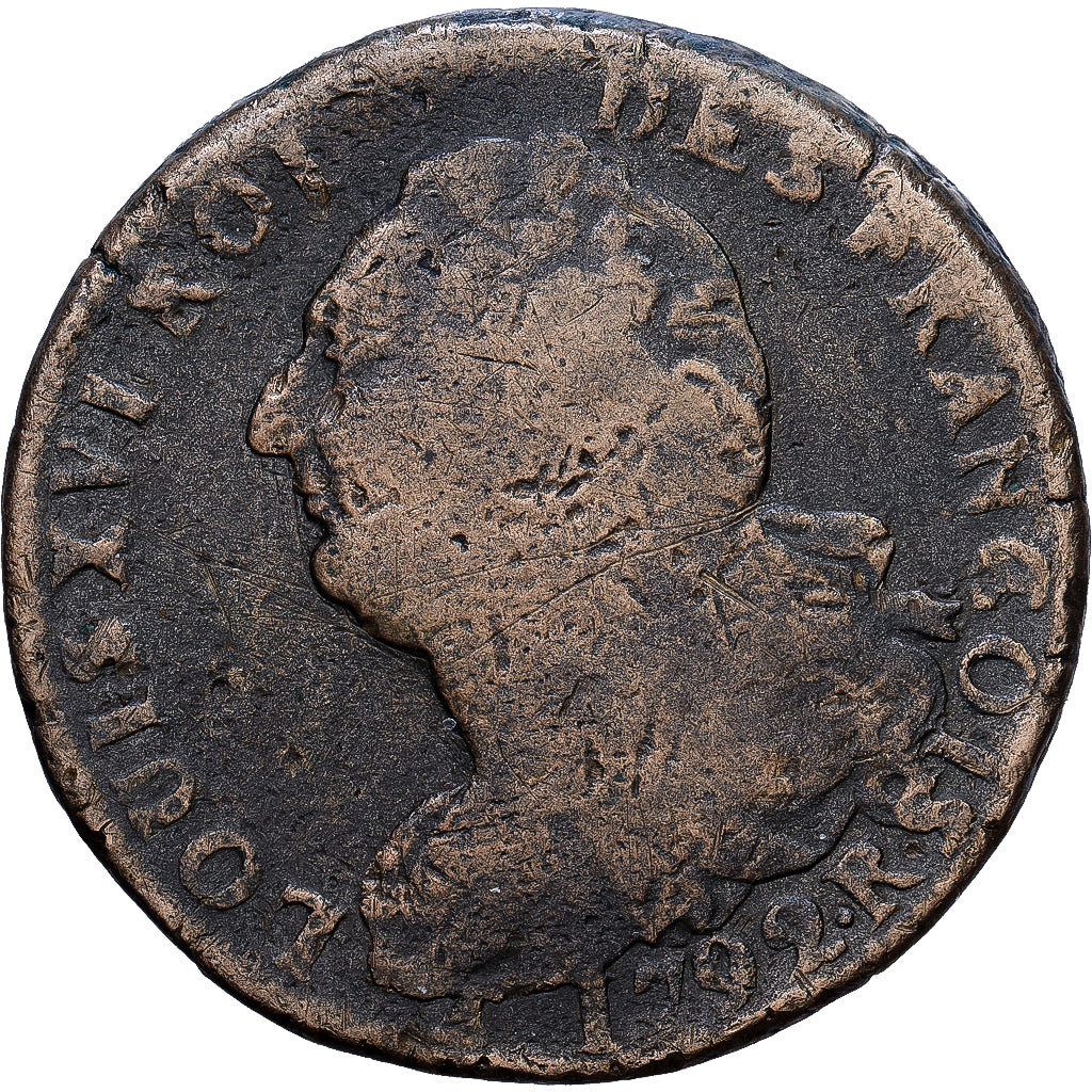 França, Constitution, 2 sols françois, 1792, Orléans, Bronze
