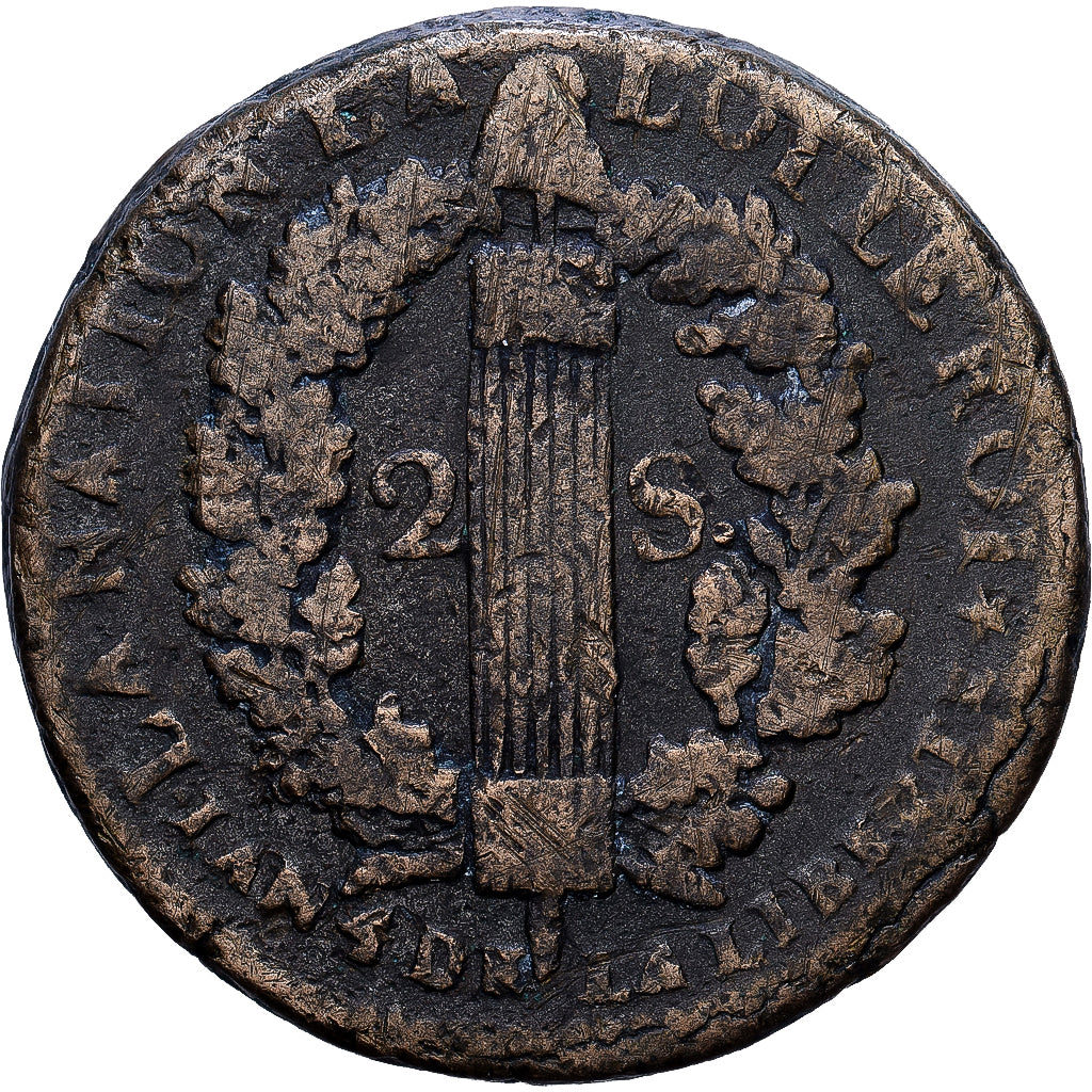 França, Constitution, 2 sols françois, 1792, Orléans, Bronze