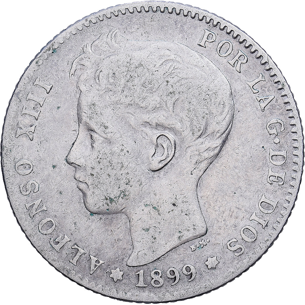 España, Alfonso XIII, Peseta, 1899, Valencia, Plata, BC+, KM:706