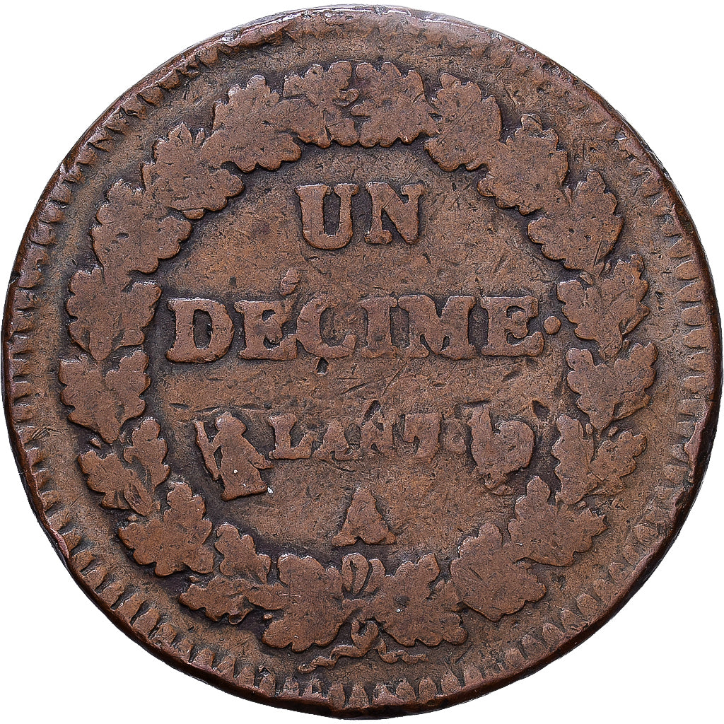 Francja, Un Décime, Dupré, AN 7, Paris, Brązowy, VF(30-35), Gadoury:187