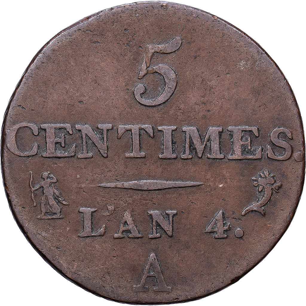 France, 5 Centimes, Dupré, AN 4, Paris, Bronze, TB+, Gadoury:124, KM:635.1