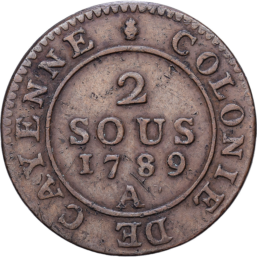 GUAYANA FRANCESA, Louis XVI, 2 Sous, 1789, Paris, Vellón, MBC, KM:1