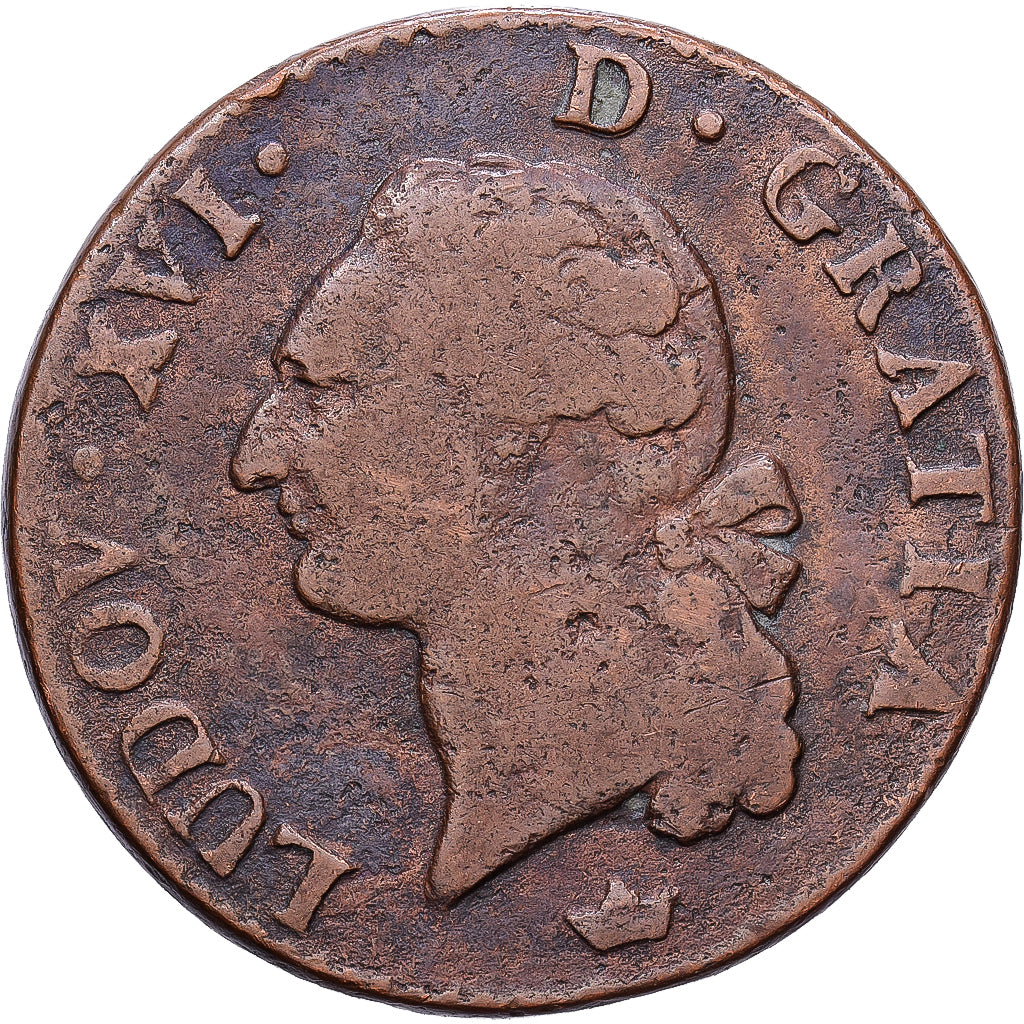 Francia, Louis XVI, Sol ou sou, 1790, Toulouse, Rame, B+, Gadoury:350